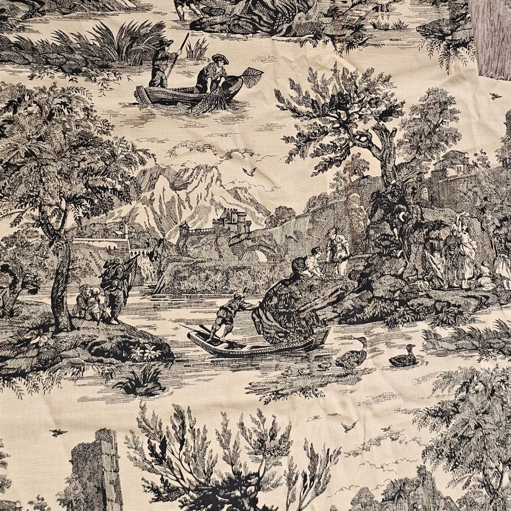 Vintage Toile de Jouy Fabric Panel Black Cream Pastoral Scene 44 x 98
